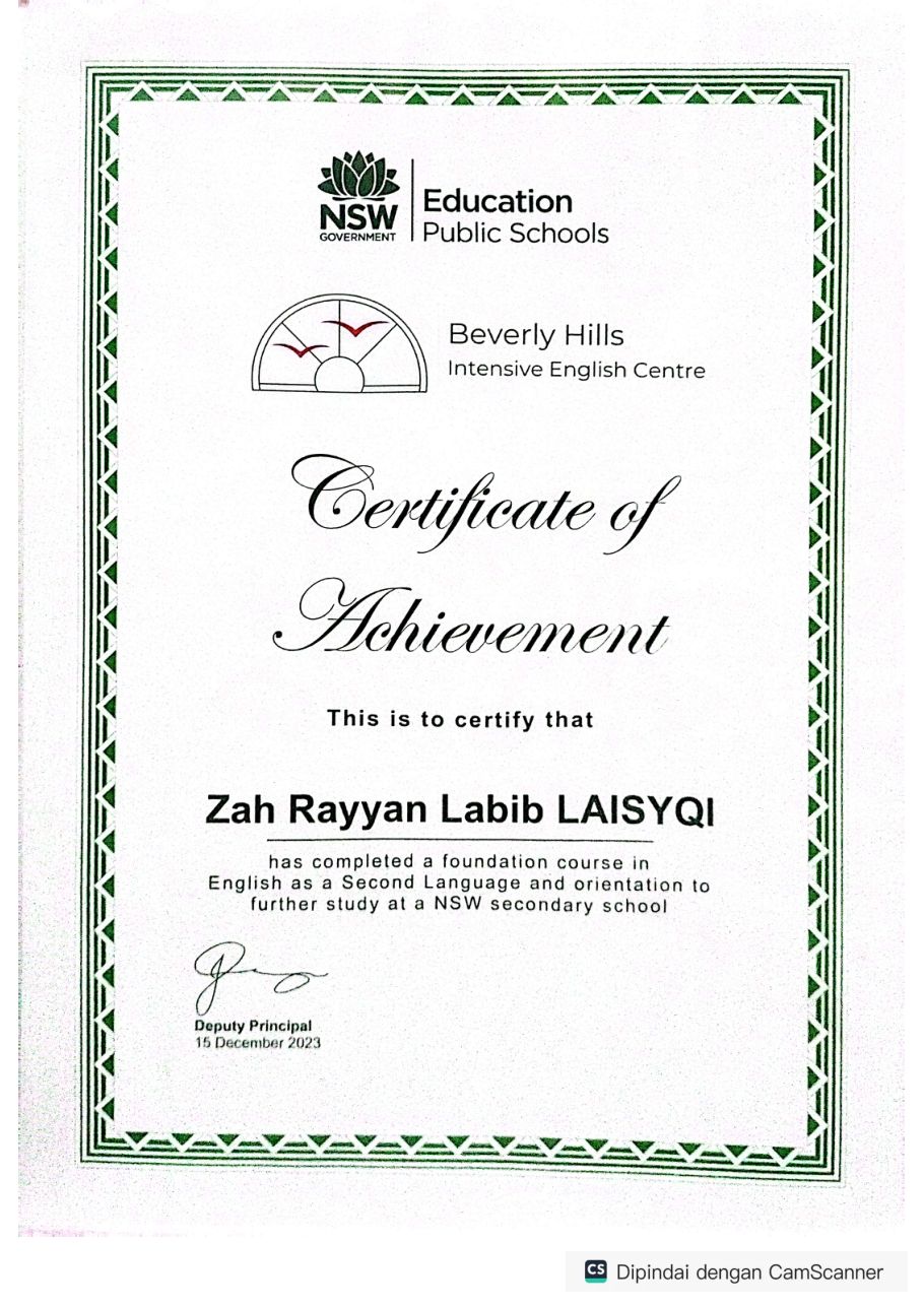 Certificate of Achievement — Beverly Hills Intensive English Centre, NSW Government Department of Education