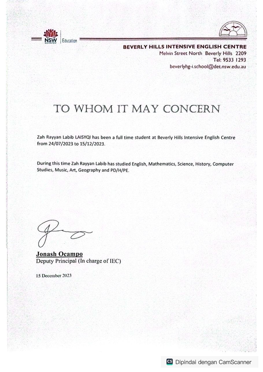 Surat keterangan studi resmi dari Beverly Hills Intensive English Centre
